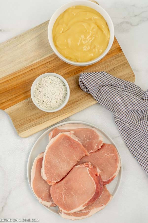 Ingredients for recipe: pork chops, cream of chicken, ranch mix. 
