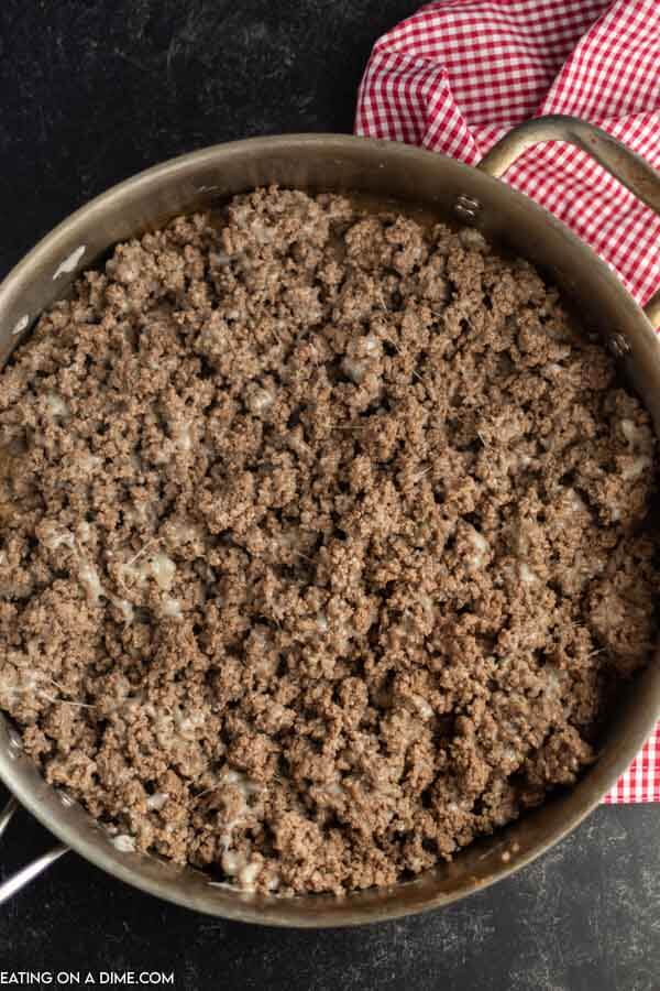 Close up image of ground beef in a skillet. 