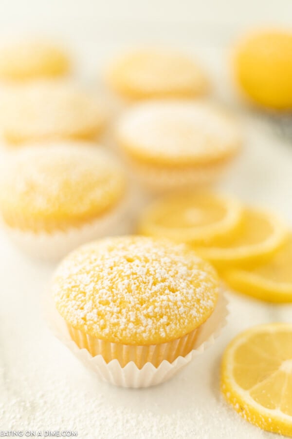 Close up image of Lemon Cupcake with Lemon slices in the background. 