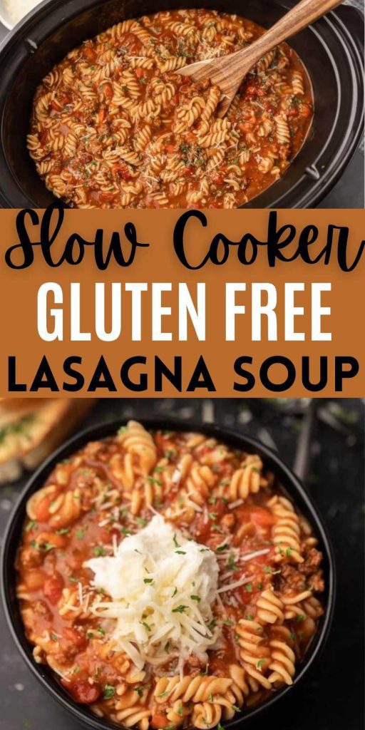 You have to try this delicious AND easy gluten free crock pot lasagna soup recipe! A lasagna soup recipe that tastes just like lasagna without all the work and without all the gluten. Plus it’s super easy to make in a slow cooker!  This is one of my favorite soup recipes! #eatingonadime #crockpotrecipes #souprecipes #slowcookerrecipes #glutenfreerecipes 
