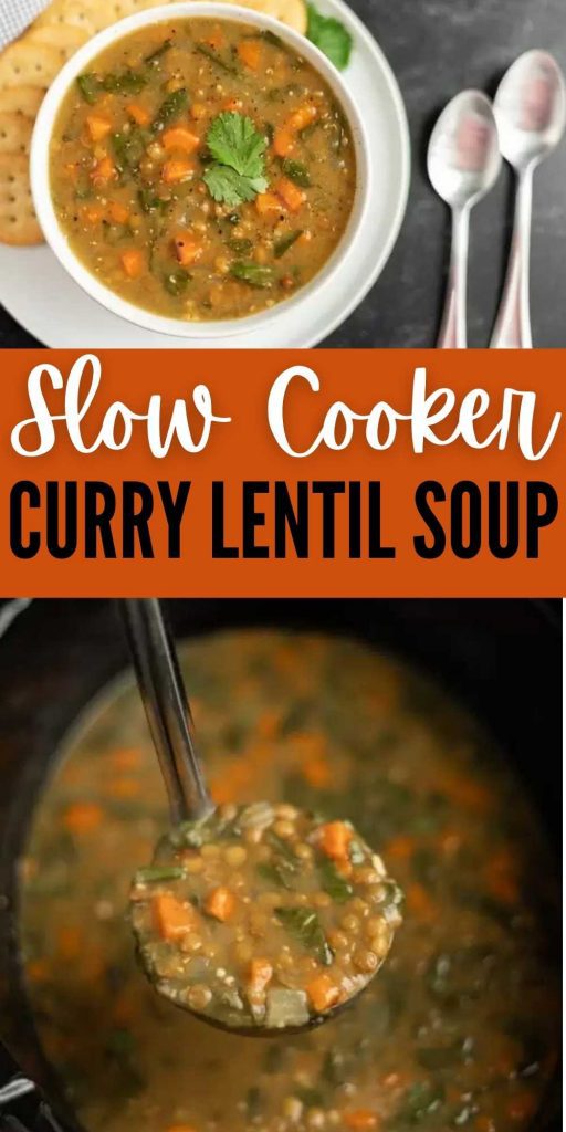 Crock pot curry lentil soup is bursting with flavor and the best comfort food. Each bite of this soup is hearty and delicious and easy to prepare. This easy lentil soup recipes is simple to make in a slow cooker and healthy too.  #eatingonadime #slowcookerrecipes #crockpotrecipes #souprecipes #lentilrecipes 
