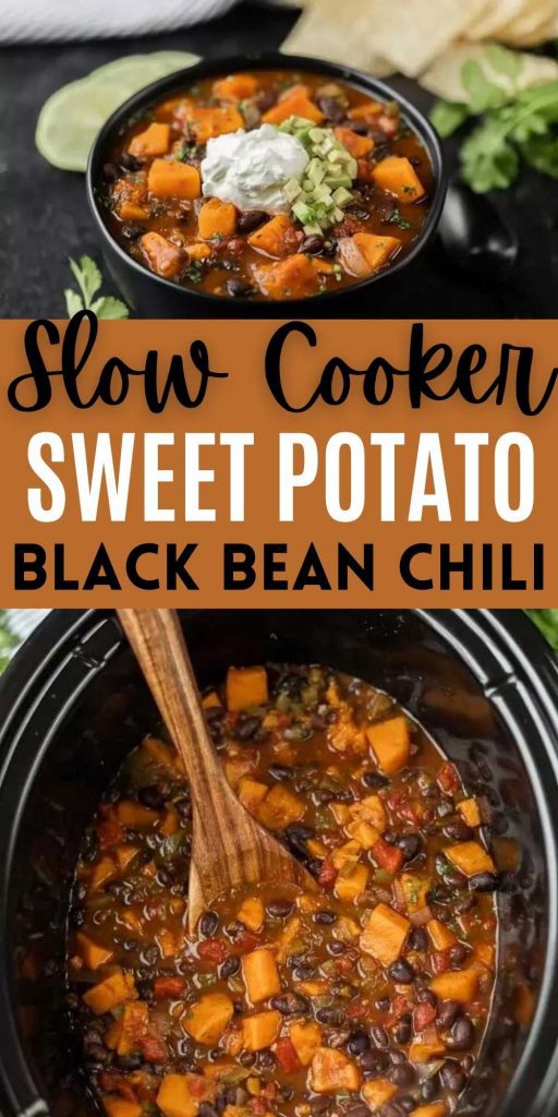 Crock Pot Sweet Potato Black Bean Chili is the perfect meal to serve on Meatless Monday or any day of the week. This crock pot chili with sweet potatoes is hearty and delicious. Everyone will love this delicious vegetarian chili recipe.  #eatingonadime #crockpotrecipes #slowcookerrecipes #chilirecipes 
