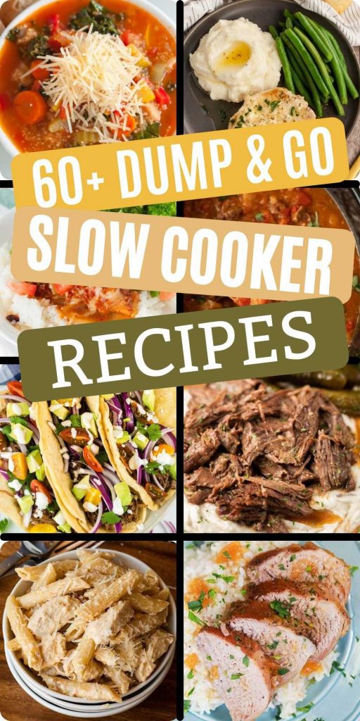 Check out over 60 dump and Go Slow Cooker Recipes that are super easy to make in your favorite crock pot! These are easy crock pot recipes that the entire family will loves.  #eatingonadime #dumpandgo #slowcookerrecipes #crockpotrecipes #easydinners ?

