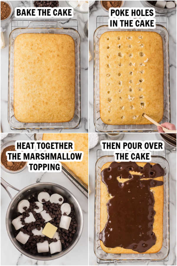the process of poking holes in the cake and topping the chocolate marshmallow mixture. 