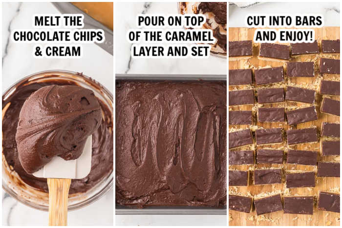The process of melting the chocolate and placing on the layer on the bars. 