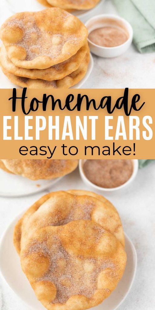 These easy to make deep fried, crispy Elephant Ears topped with cinnamon sugar taste just like the ones from the fair and are easy to make at home.  You will love this easy elephant ears recipe.  #eatingonadime #elephantears #frieddesserts #easydesserts 

