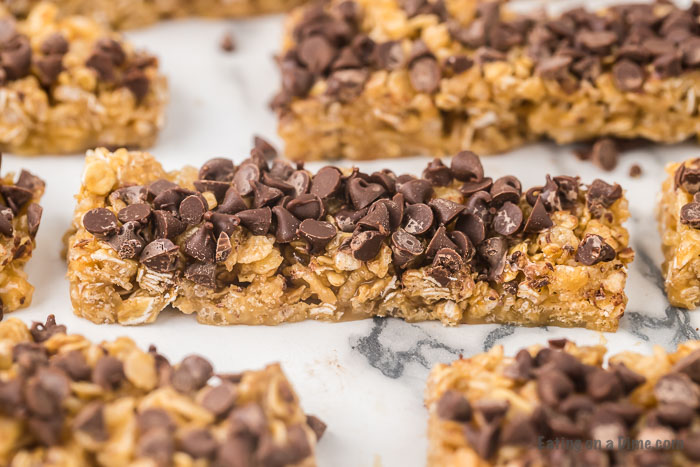 Close up image of homemade chocolate chip granola bars. 