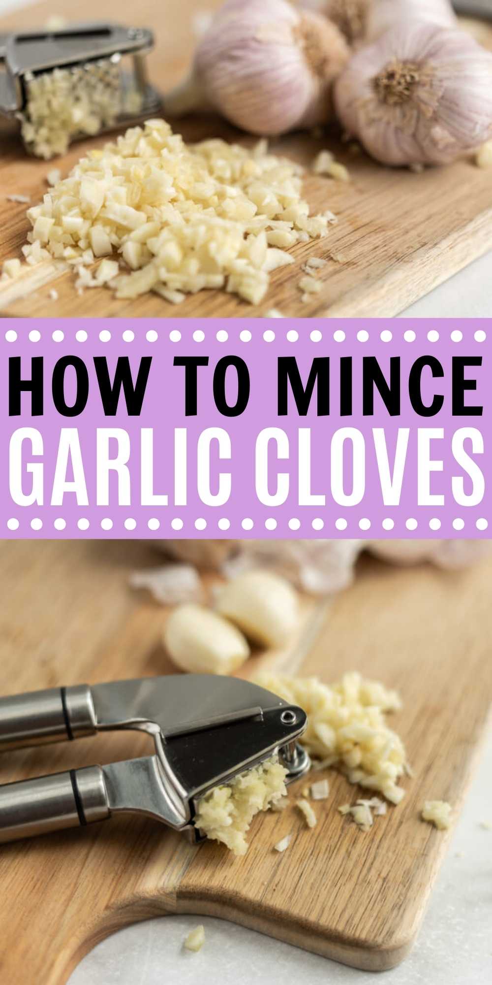 Learn how to mince garlic cloves with this easy step-by-step guide. Learn how to peel and mince garlic to easily use in all your favorite recipes.  Check out how easy it is to mince garlic with a garlic press.  #eatingonadime #mincedgarlic #howto #garlic 
