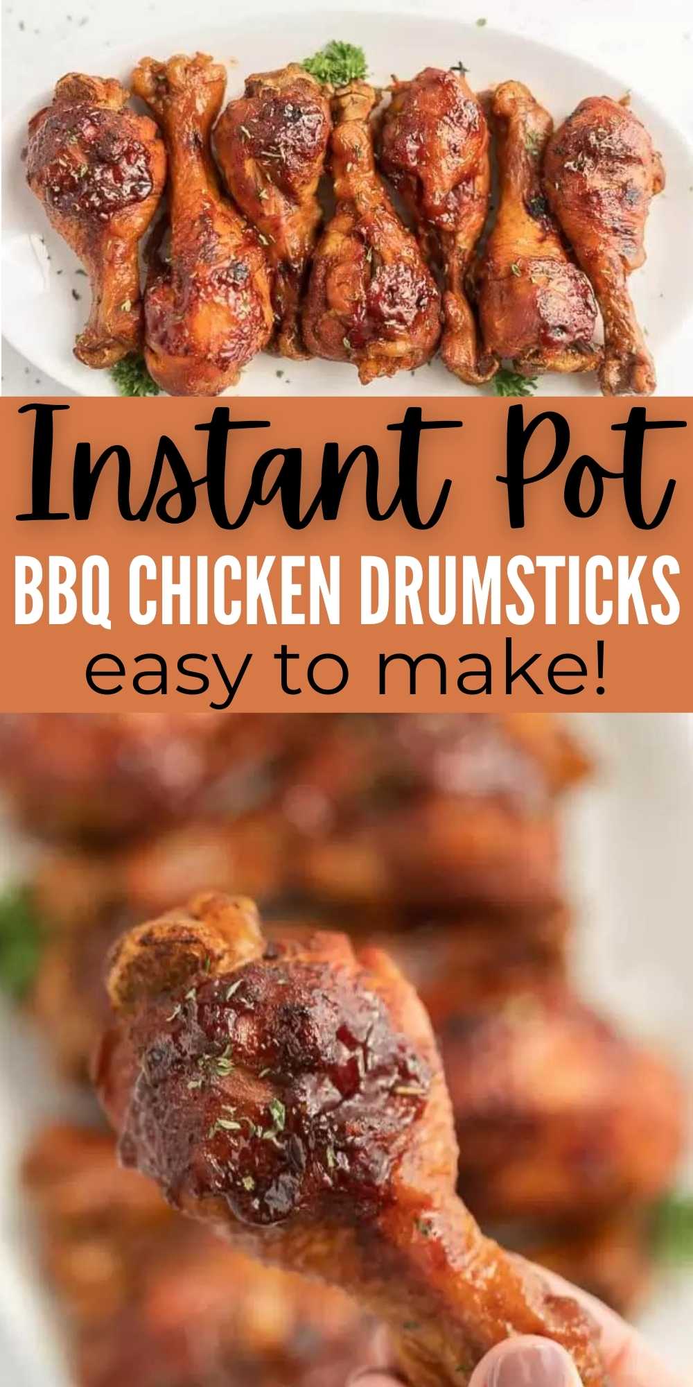 Get dinner on the table fast with easy Instant Pot BBQ Chicken Drumsticks recipe. With only 5 ingredients, you will love these easy instant pot chicken legs.  These simple BBQ bone-in chicken drumsticks are super easy to make and can be made from fresh or frozen.  #eatingonadime #drumstickrecipes #instantpotrecipes #chickenlegs
