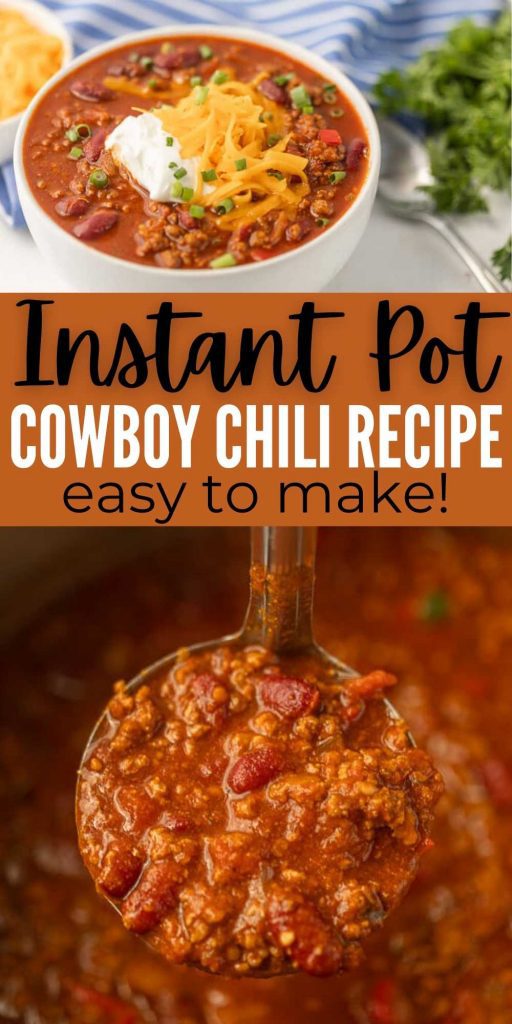 Instant Pot Cowboy Chili is loaded with hearty beef, beans, tomatoes and more. Each bite is flavorful in this family friendly meal. This cowboy chili is easy to make in a pressure cooker and is packed with flavor too.  #eatingonadime #chilirecipes #instantpotrecipes 
