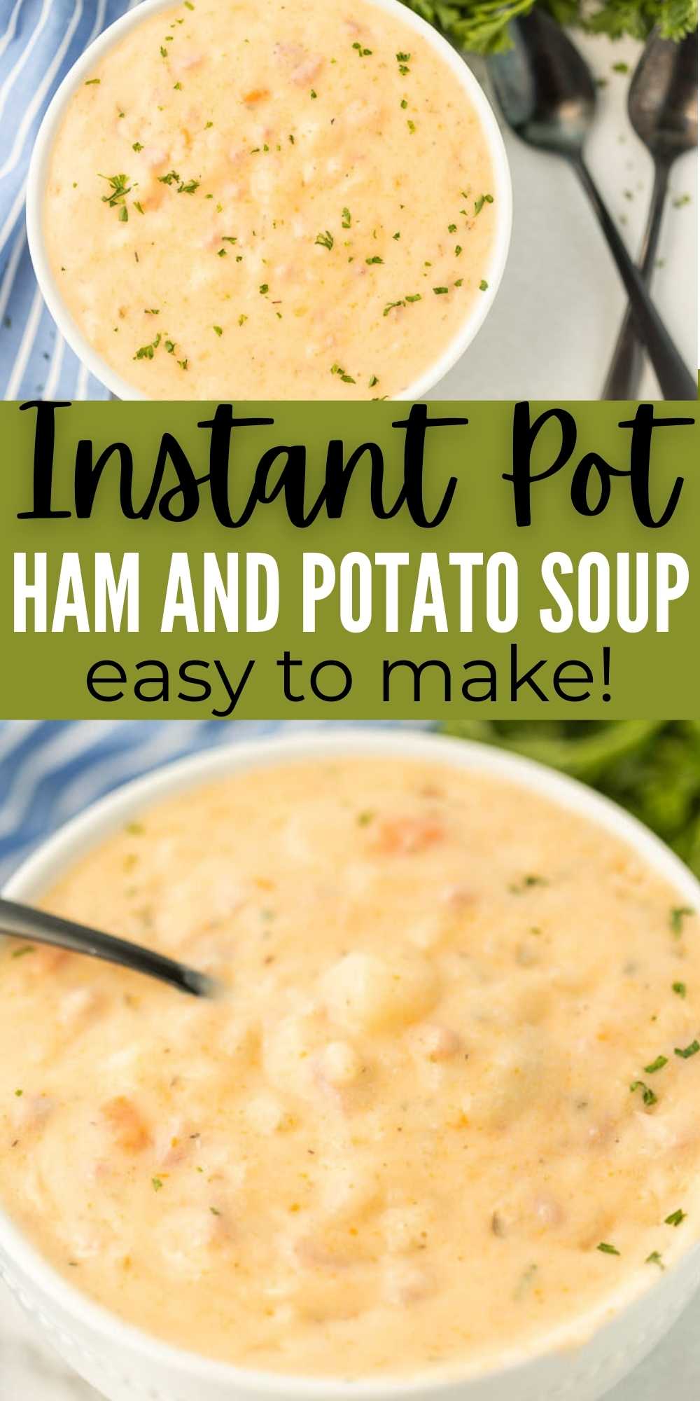 Instant pot ham potato soup can be ready in just 15 minutes. This comfort food meal is hearty with lots of ham, potatoes and savory broth. This easy ham and potato soup is easy to make in a pressure cooker.  #eatingonadime #instantpotrecipes #souprecipes #potatosouprecipes 
