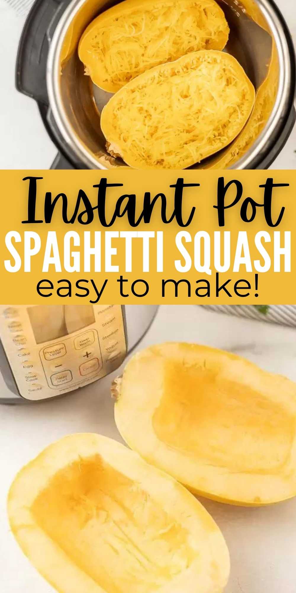 You are going to love this quick and easy Instant Pot Spaghetti Squash Recipe. How to make Spaghetti squash whole in minutes in the electric pressure cooker. Learn how to cook spaghetti squash in an Instant Pot.  It’s easy to make, healthy and delicious! #eatingonadime #instantpotrecipes #spaghettisquash #sidedishes #healthyrecipes 
