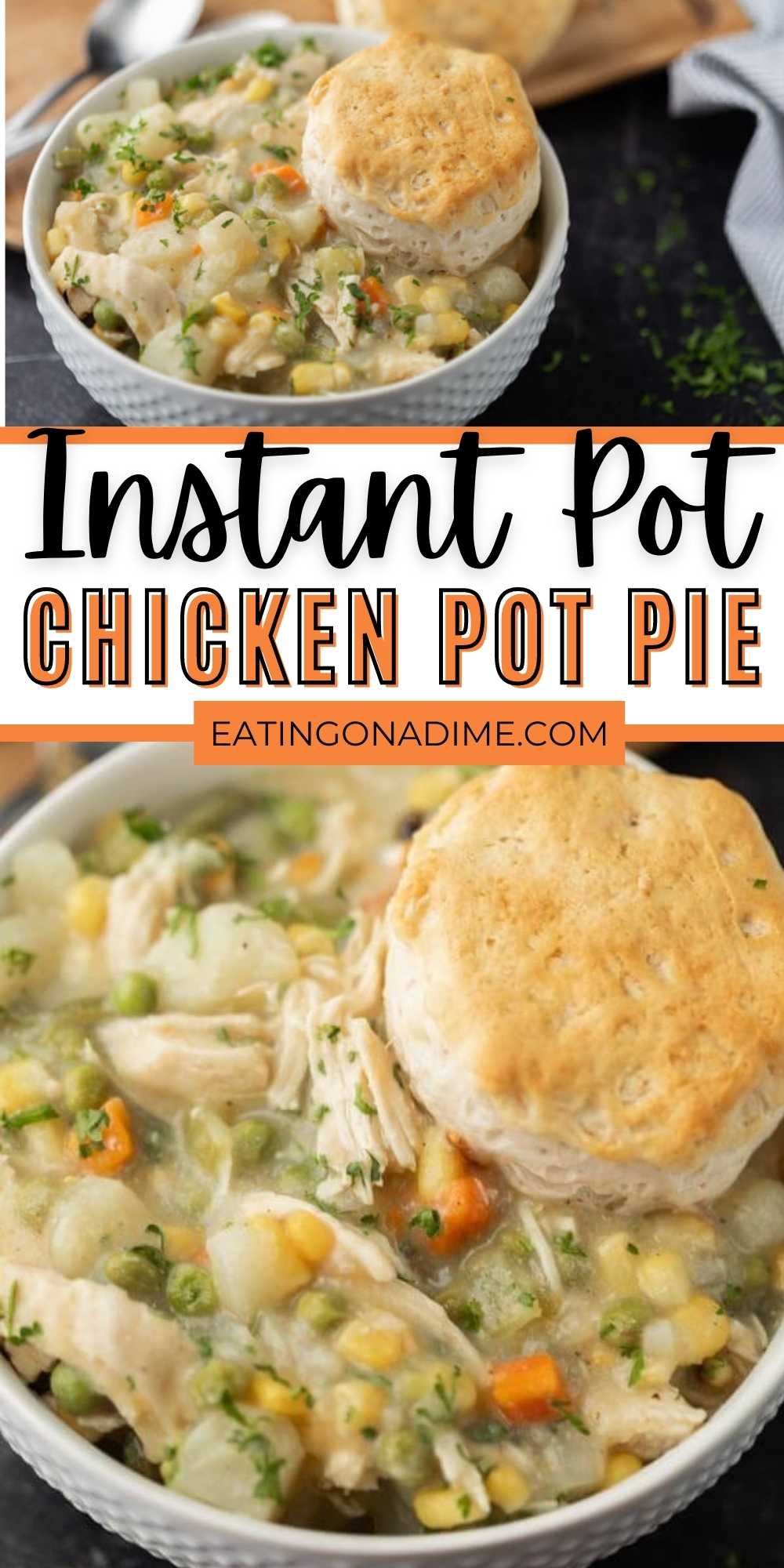 You are going to love this easy Instant Pot Chicken Pot Pie Recipe. It is the best pot pie recipe and its ready in under an hour! This easy Pressure Cooker Chicken Pot pie is simple to make and has all the flavors of a traditional pot pie.  #eatinongadime #instantpotrecipes #pressurecookerrecipes #chickenpotpie 
