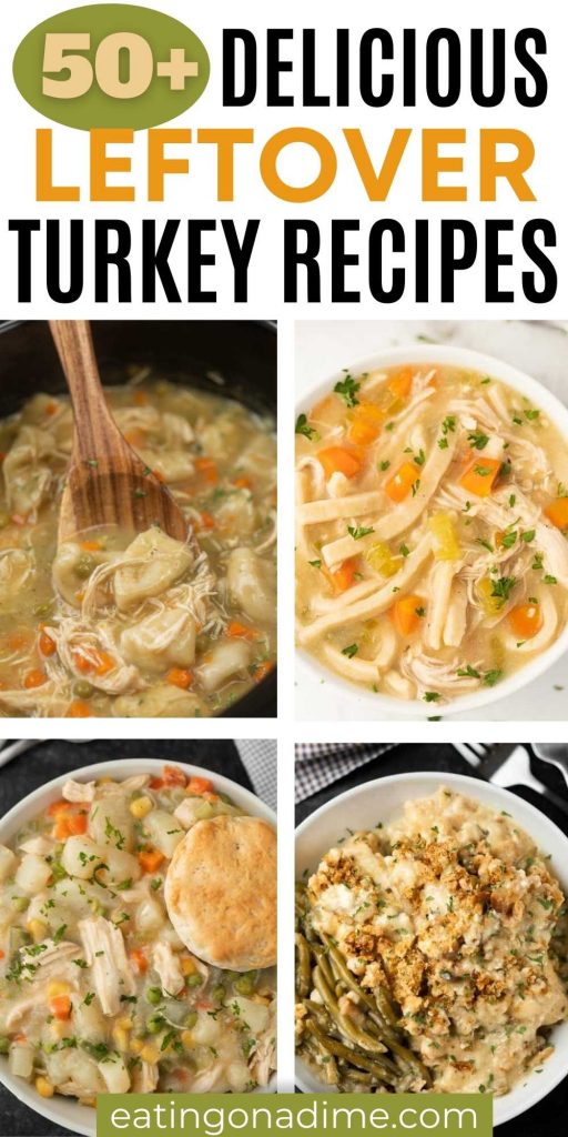 We have the biggest roundup of leftover turkey recipes. Find 50+ easy, quick, healthy and delicious turkey leftovers recipes that your family will love. You’ll find a variety of soup, casserole and crock pot recipes.  Plus amazing sandwiches that the entire family will love.  Save that leftover turkey this year and make one of these recipes.  #eatingonadime #turkeyrecipes #leftovers #holidays 
