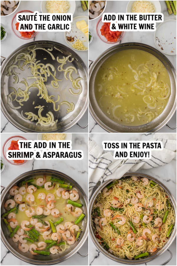 Four photos of cooking shrimp and making the scampi sauce. Everything is added to pasta. 