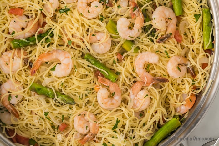 Skillet of shrimp scampi. 