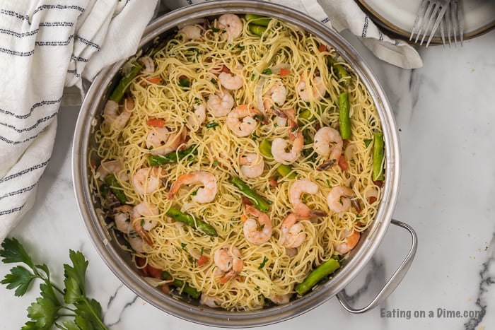 Skillet of shrimp scampi. 