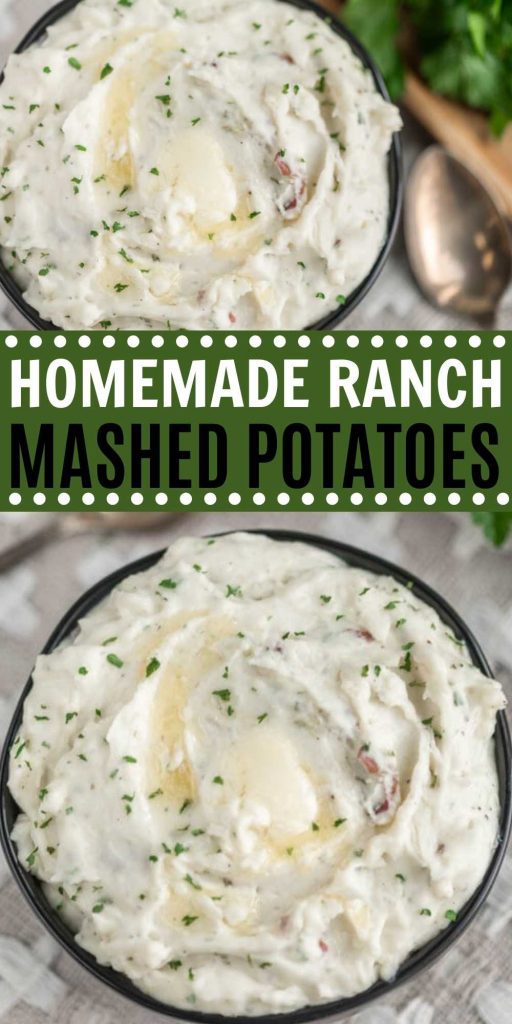 These delicious Ranch Mashed Potatoes is perfect for any homemade meal! These potatoes are creamy and packed with tons of flavor.  The entire family will love this ranch mashed potatoes recipe.  #eatingonadime #ranchrecipes #potatorecipes #sidedishrecipes 
