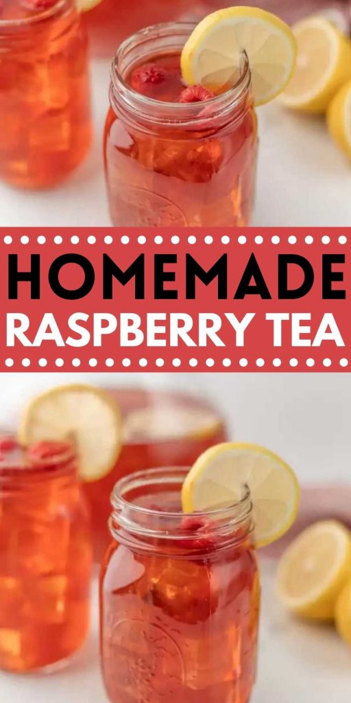 Raspberry iced tea recipe is so light and refreshing! It's the perfect drink to quench your thirst. The fresh raspberries in this Raspberry ice tea recipe make this iced tea so delicious! Learn how to make homemade raspberry iced tea with homemade raspberry syrup. It's perfect for parties, bridal showers, BBQ's and more! #eatingonadime #tearecipes #drinkrecipes #raspberryrecipes 
