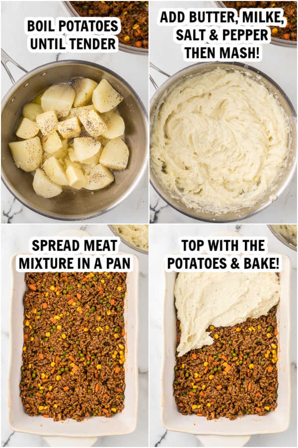 Process of preparing mashed potatoes and topping on meat mixture. 
