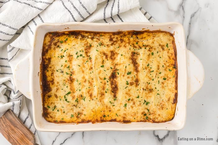 Close up image of Shepherd's Pie in a 9x13 pan.