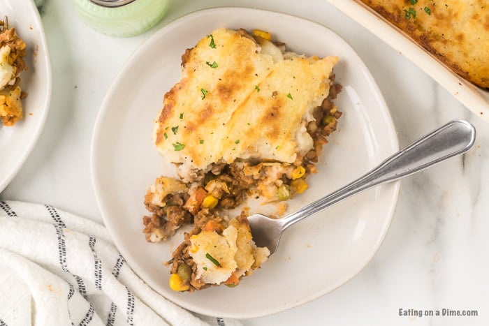 Close up image of Shepherd's Pie on a white plate with a fork. 