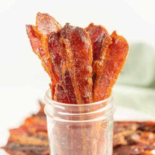 Candied bacon in a mason jar.