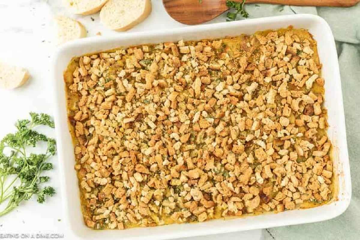 Chicken Stuffing bake recipe in a white baking pan.