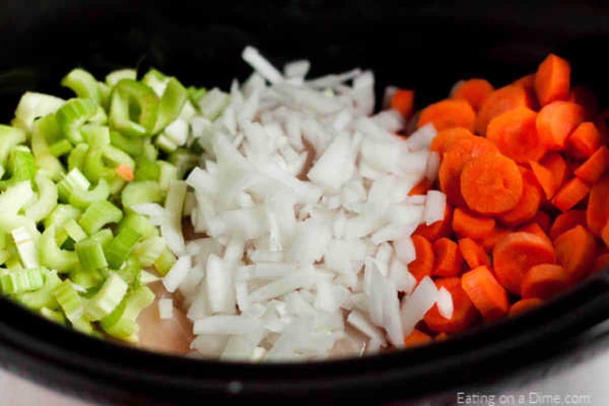 Ingredients for soup: celery, onion, carrots, chicken. 