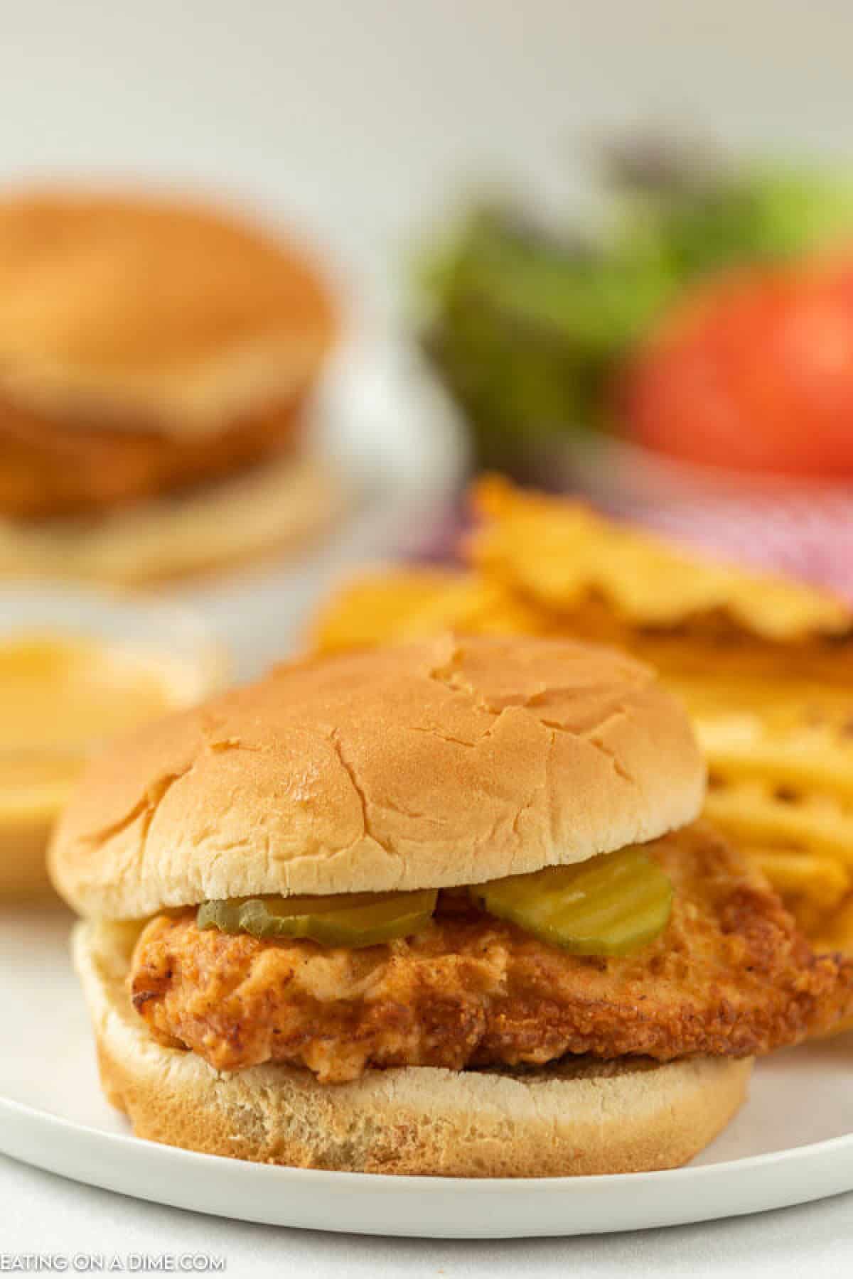 Copycat chick fil a sandwich on plate.