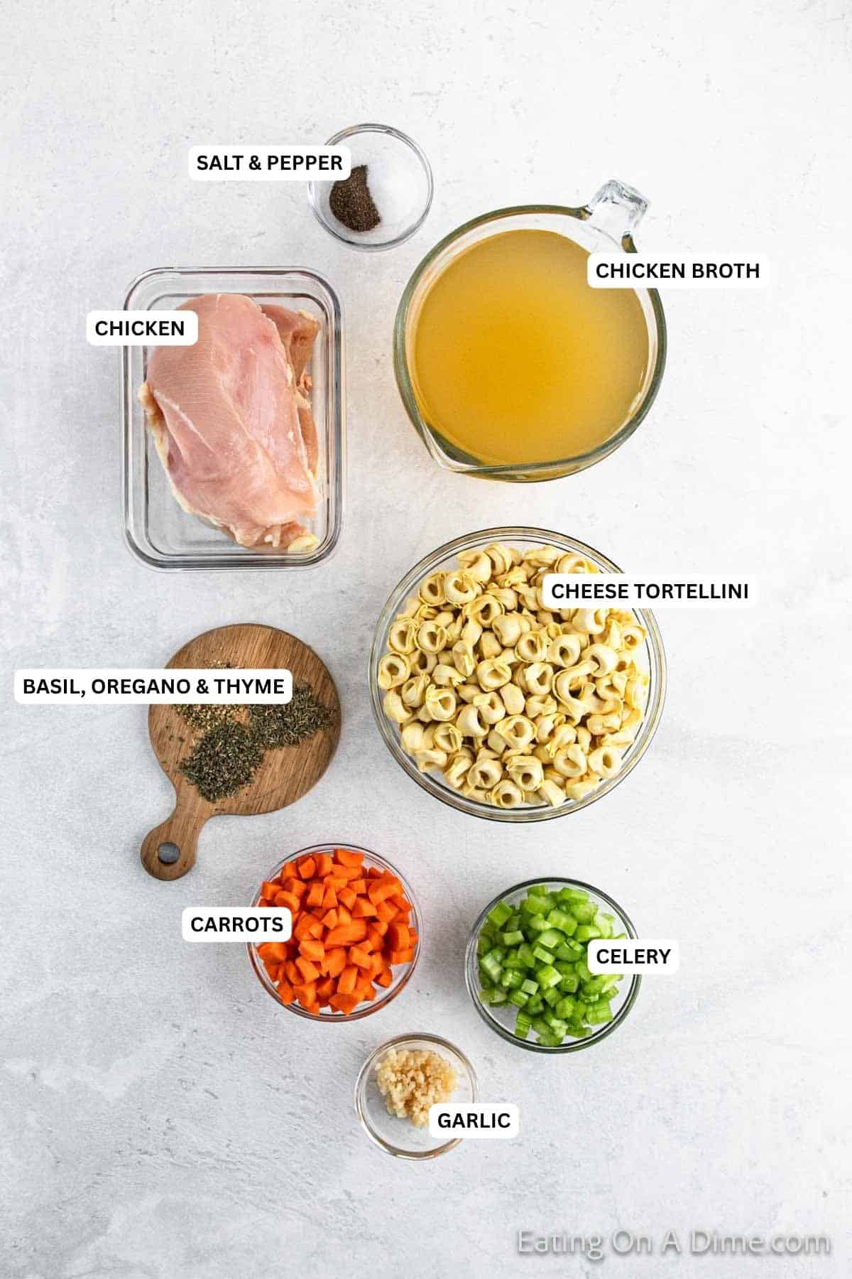 Ingredients for recipe: salt, pepper, chicken broth, chicken, cheese tortellini, basil, oregano, thyme, carrots, celery and garlic.