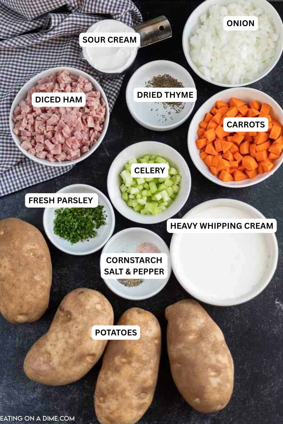 Ingredients for recipe: sour cream, onion, diced ham, dried thyme, carrots, celery, fresh parsley, heavy whipping cream, cornstarch, salt & pepper,potatoes. 