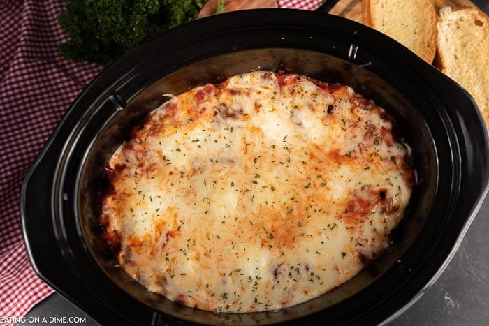 Crock pot of slow cooker baked ziti. 