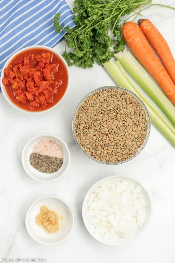 Ingredients needed - brown lentils, small onion, carrots, celery, diced tomatoes, chicken broth, minced garlic, salt and pepper, fresh parsley