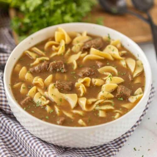 Steak soup in a bowl.
