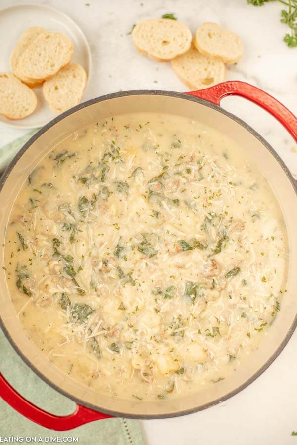 Close up image of a pot of Zuppa Toscana Soup.