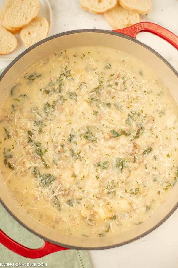 Close up image of a pot of Zuppa Toscana Soup.