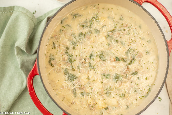 Close up image of a pot of Zuppa Toscana Soup. 