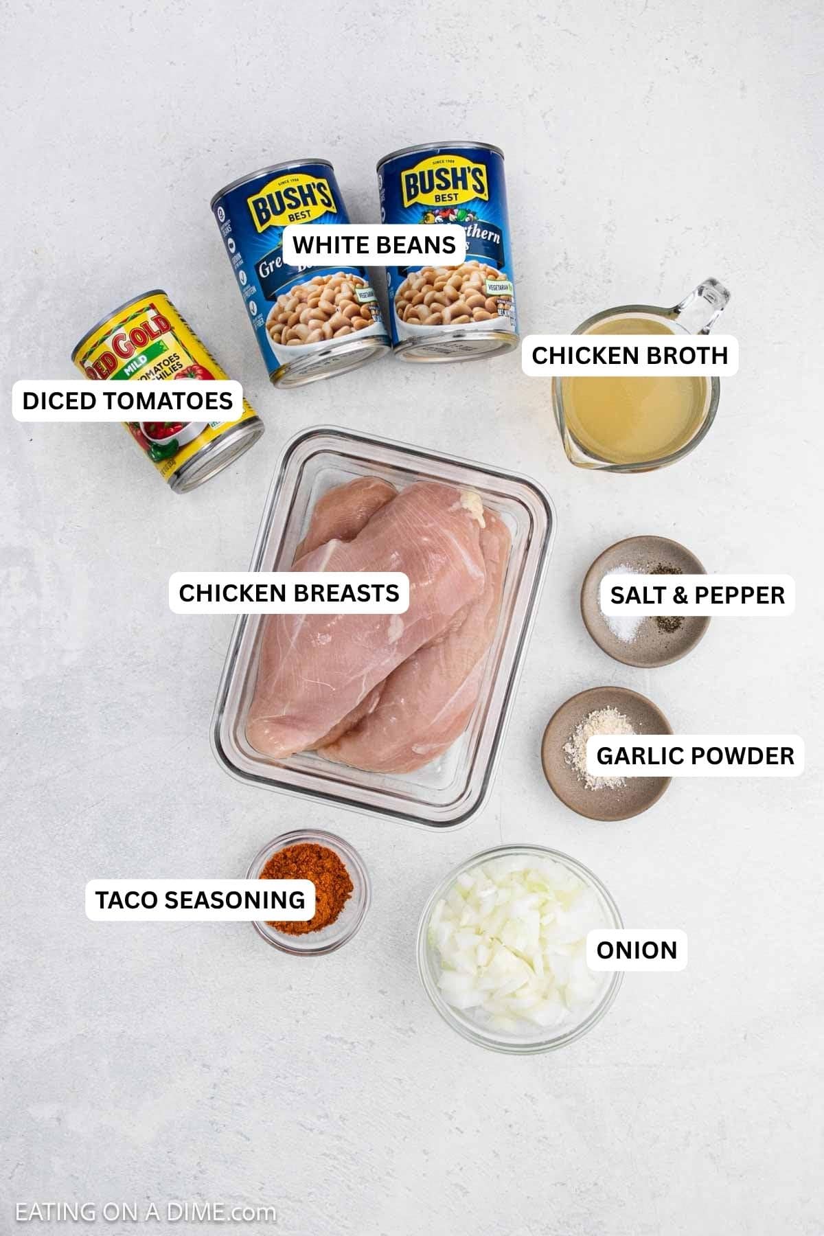 Ingredients for recipe: onion, taco seasoning, garlic powder, salt, pepper, chicken breasts, diced tomatoes, chicken broth and white beans.