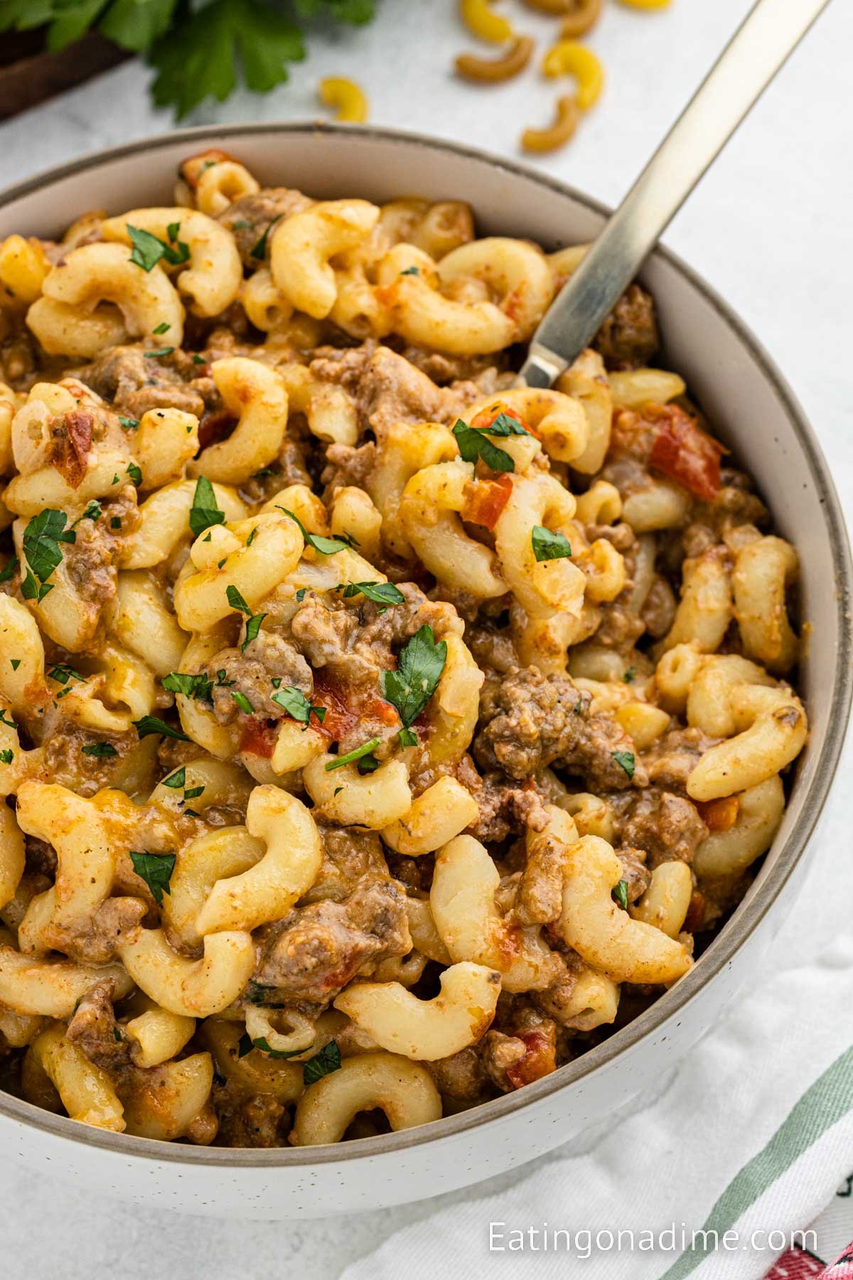 Hamburger Helper in a bowl with a spoon