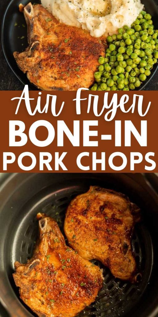This easy Air Fryer Pork Chops recipe is easy to make and cooks very quickly, works great for keto, paleo and whole30 diets. The entire family will love these easy, crispy air fryer bone in pork chops.  #eatingonadime #airfryerrecipes #porkchoprecipes #porkrecipes 

