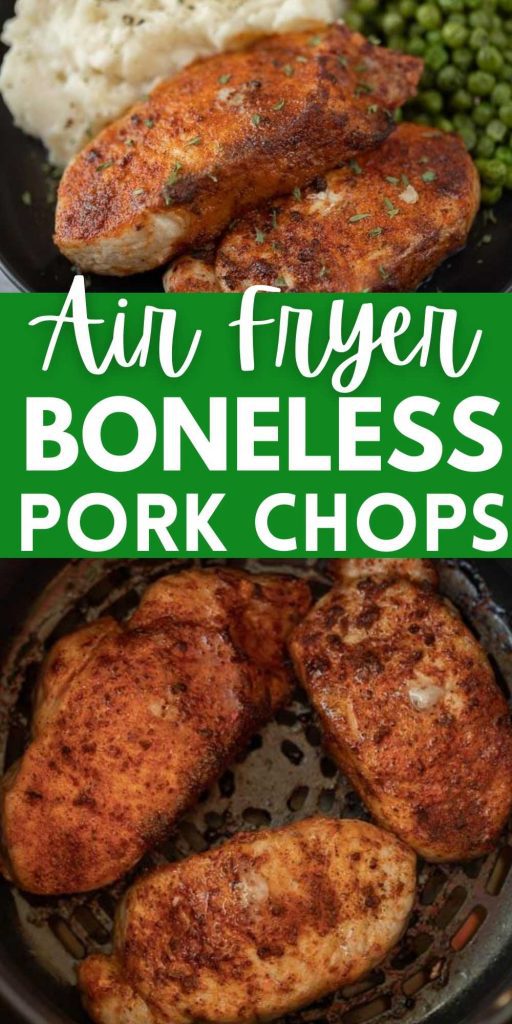Easy Air Fryer Boneless Pork Chops are a super easy dinner recipe that every one loves. Dinner can be ready in under 15 minutes when cooking pork chops in the air fryer!  This is one of the easiest and the best air fryer recipes.  #eatingonadime #airfryerrecipes #porkrecipes #porkchoprecipes 

