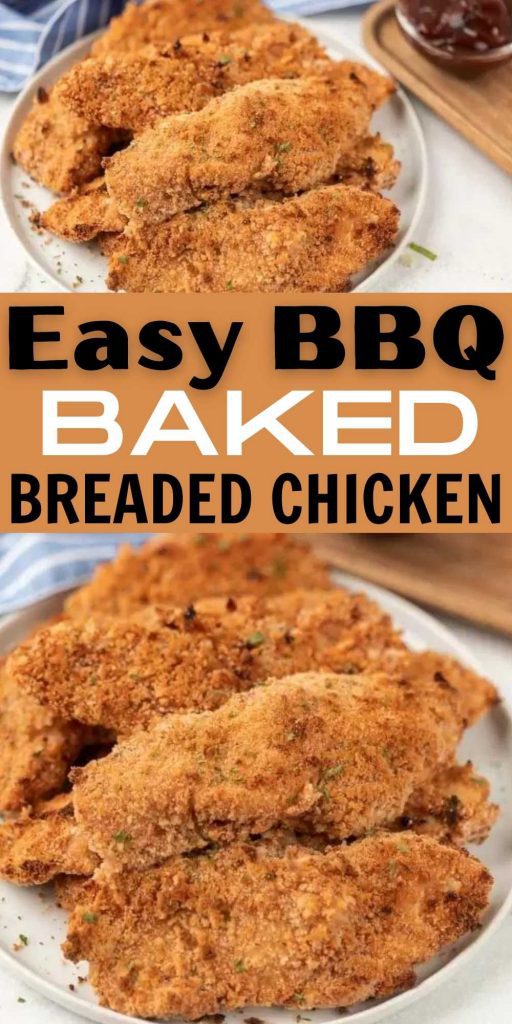 How to cook breaded baked chicken perfectly! This BBQ Oven baked breaded chicken has a twist on traditional chicken for amazing flavor! Oven baked breaded chicken recipe in the oven is a family favorite recipe. Homemade BBQ baked breaded chicken breast with bread crumbs is budget friendly and always a hit! #eatingonadime #chickenrecipes #bakedrecipes #BBQrecipes 
