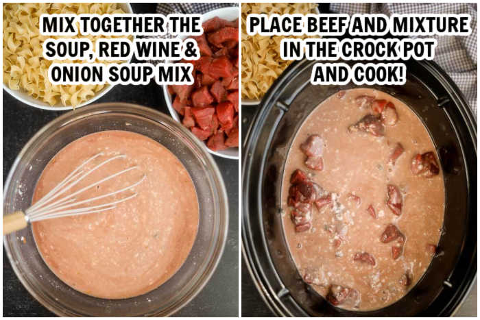 The process of how to make beef burgundy in the crock pot. 