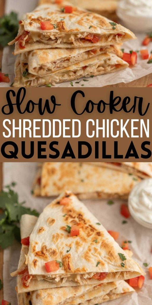 This crockpot chicken quesadilla recipe is easy and packed with tons of flavor. Slow cooker shredded chicken quesadilla recipe.  This is one of my favorite easy recipes.  Learn how to make chicken for quesadillas in a crock pot.  It’s so easy and delicious too!  #eatingonadime #quesadillarecipes #crockpotrecipes #chickenrecipes #slowcookerrecipes 
