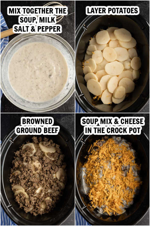 The process of how to make hamburger potato casserole in the crock pot. 