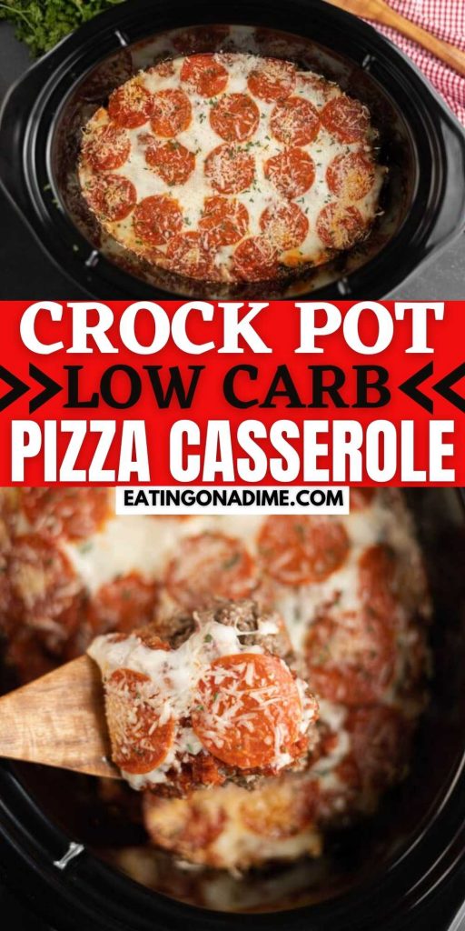 If you're craving pizza, try Crockpot Low Carb Pizza Casserole Recipe. This pizza casserole has all your favorite toppings for a great dinner.  You will love this crock pot crust less pizza that is easy to make in a slow cooker.  #eatingonadime #crockpotrecipes #pizzarecipes #lowcarbrecipes #ketorecipes 
