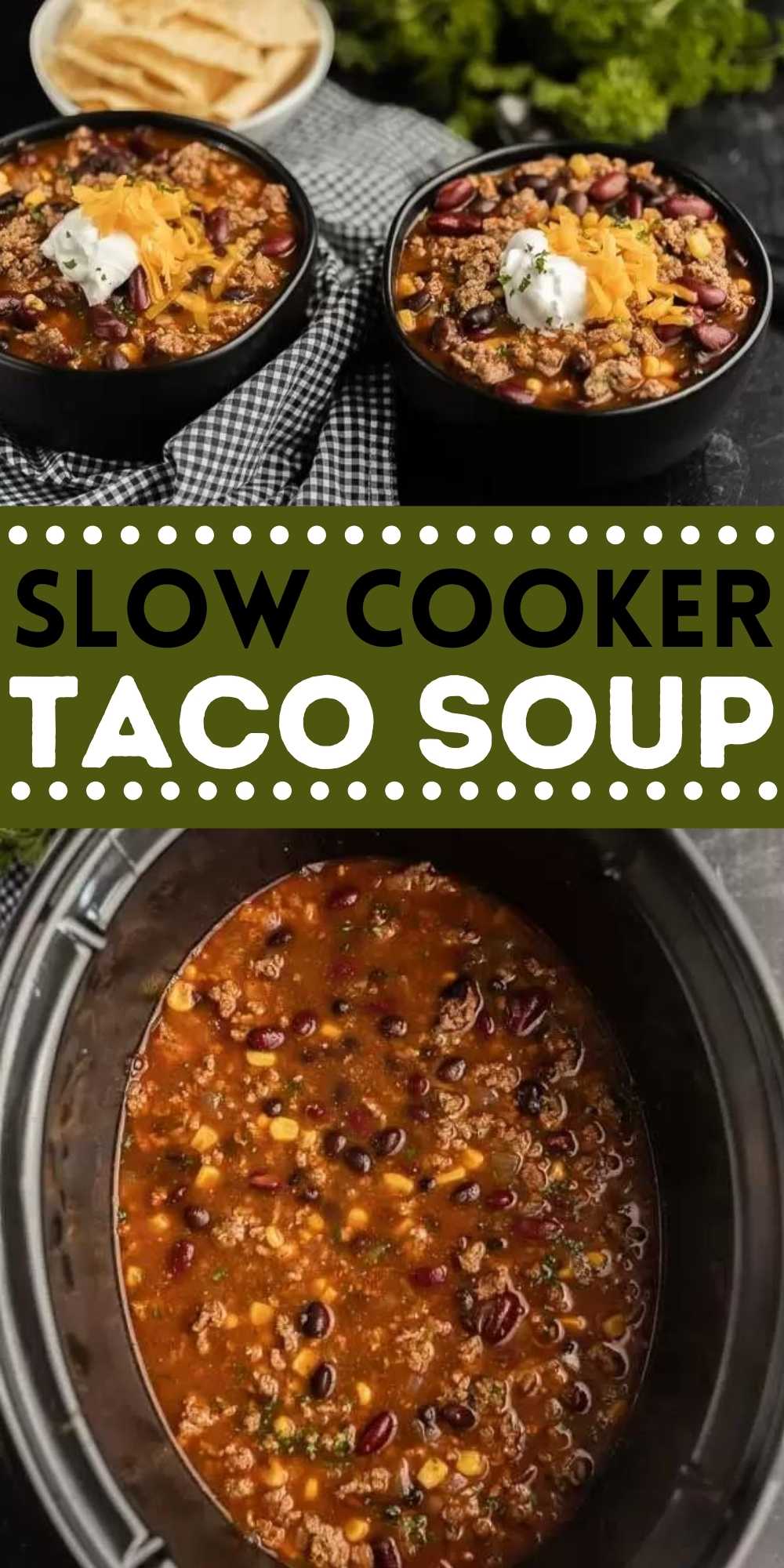 Crockpot Taco Soup Recipe is one of my go to meals on busy weeks because it is so easy. The flavor is just amazing and the entire family goes crazy over it. This Easy Slow Cooker Taco Soup Recipe made with ground beef is easy to make and packed with flavor too!  This crock pot taco soup is also great to feed a crowd. #eatingonadime #souprecipes #beefrecipes #crockpotrecipes #slowcookerrecipes 
