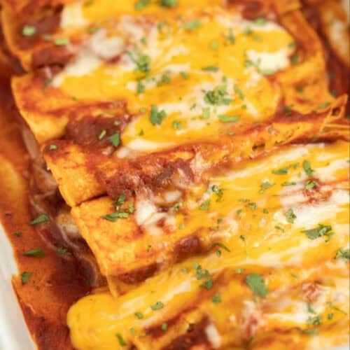 Close up of a cheese enchiladas in a baking pan topped with shredded cheese.