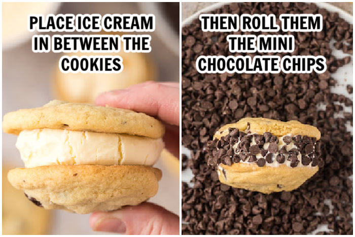 The process of putting the ice cream in-between the cookies and rolling into the chocolate chips. 